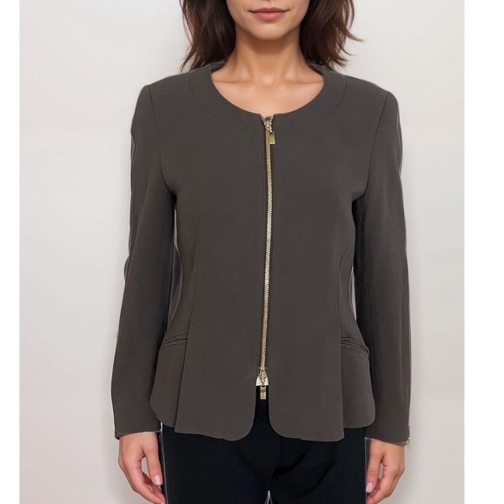 Escada Blazer Jacket Sz S (EU‎ 36) Taupe Brown Full Zip Peplum Work Business